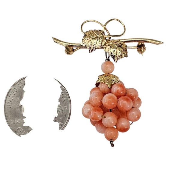 Glass Coral Bead Grape Cluster Brooch, Vermeil 800 Silver Vine Dangle Pin L532 - Picture 6 of 8